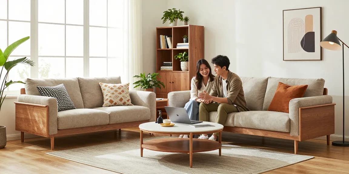 Entdecken Sie stilvolle Möbel und Möbel online bestellen in einem modernen Wohnzimmer mit einem Paar, das online stöbert.