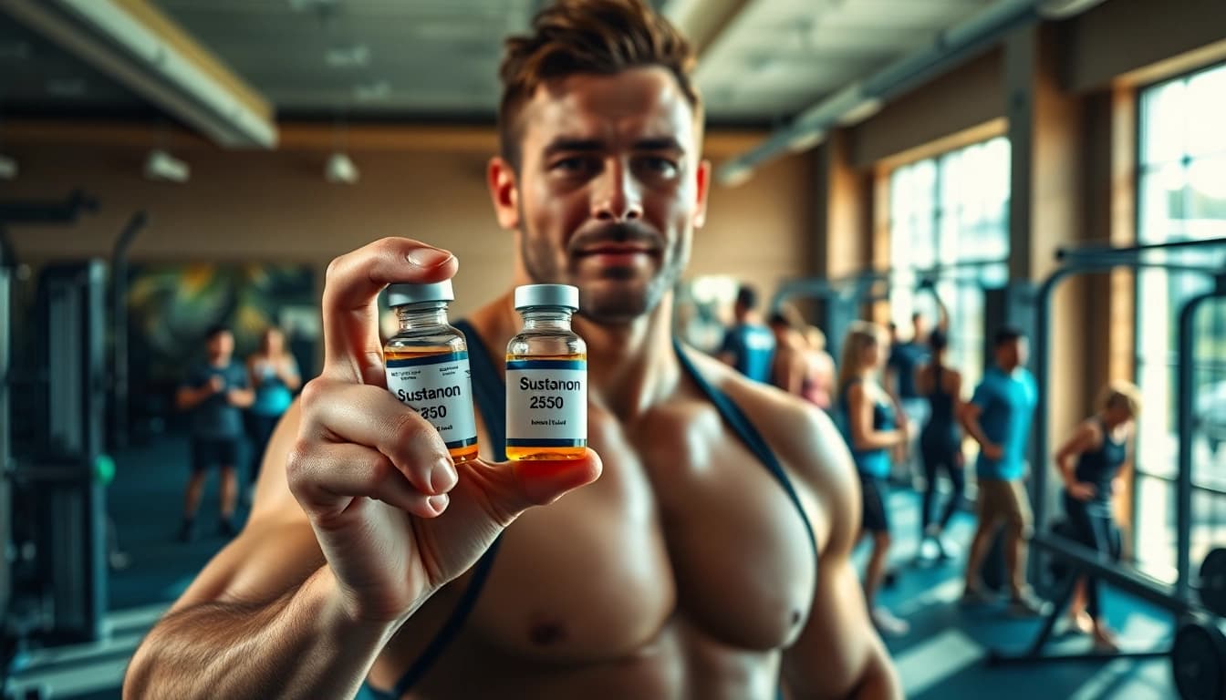 Muscular individual showcasing sustanon 250 kaufen in a vibrant gym setting, promoting fitness.