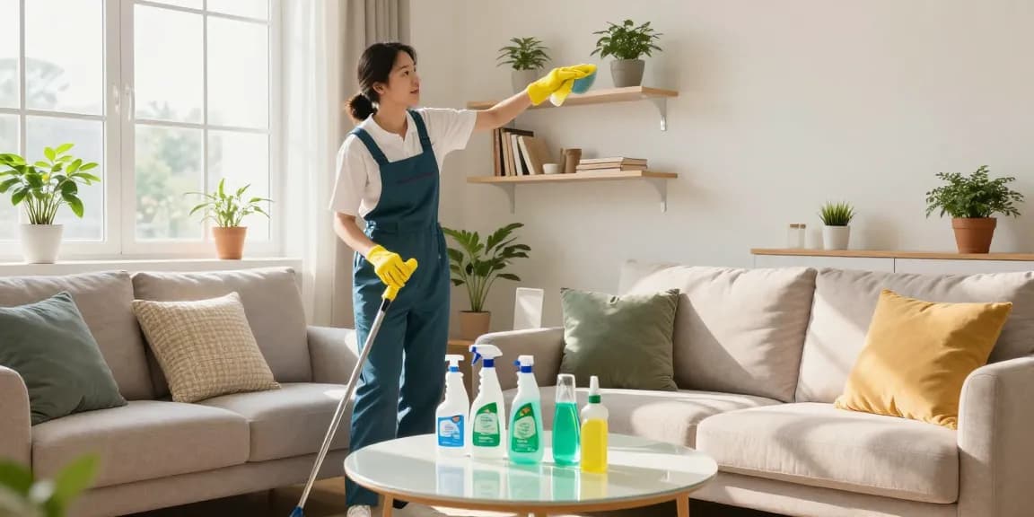 Expert underhaltsreinigung bern service in a bright living room, showcasing a professional cleaner enhancing home cleanliness.
