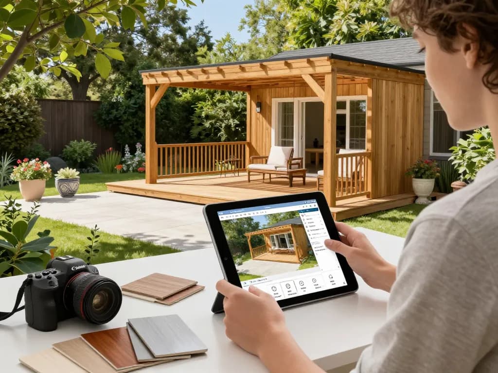 Fesselnde Veranda 3D Konfigurator-Szene, die einen Benutzer zeigt, der Außenbereiche mit verschiedenen Materialien in einem schönen Garten gestaltet.