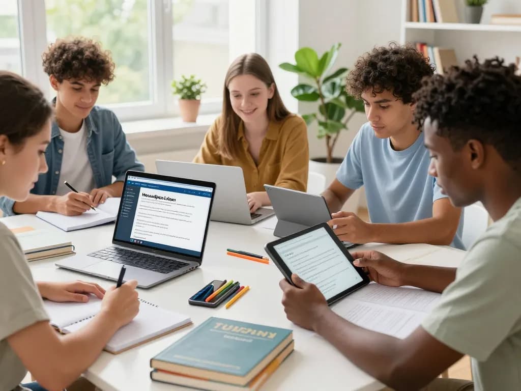 Schüler, die ein Hausaufgaben Löser-Tool in einem kollaborativen Lernraum verwenden und moderne Bildung präsentieren.