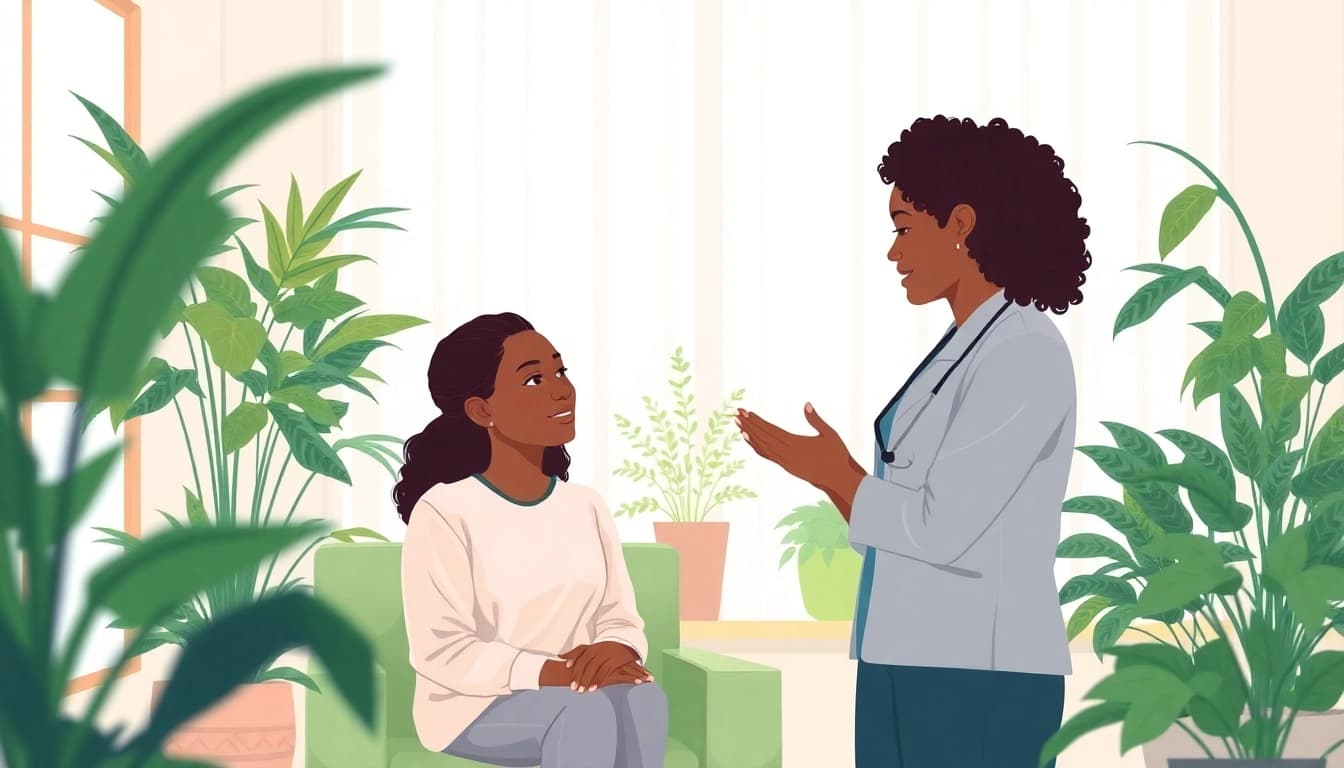 Mental health awareness portrayed through a professional therapist supporting a client in a serene setting.