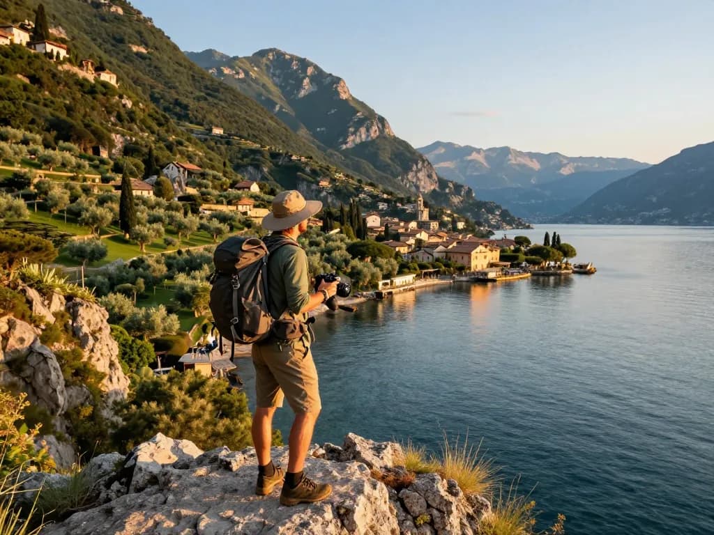Gardasee Reisetipps Abenteuer-Szene mit Reisenden, die atemberaubende Ausblicke auf den Gardasee genießen.