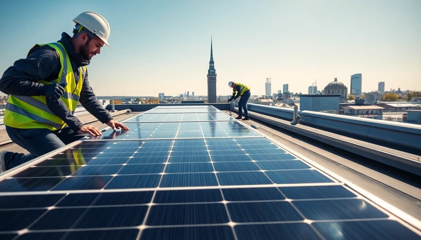 Installieren einer PV anlagen wien auf einem modernen Dach mit Technikern und Wiener Skyline.