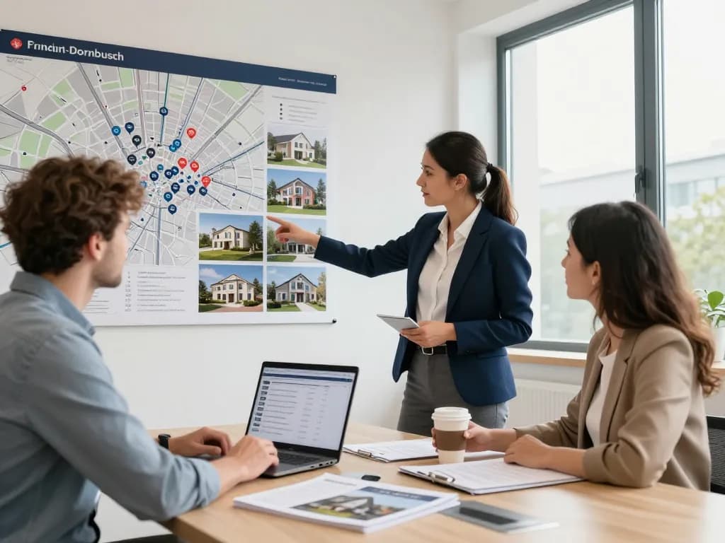 Immobilienmakler, der Kunden durch Immobilien in Frankfurt-Dornbusch führt und Marktexpertise sowie persönlichen Service präsentiert.