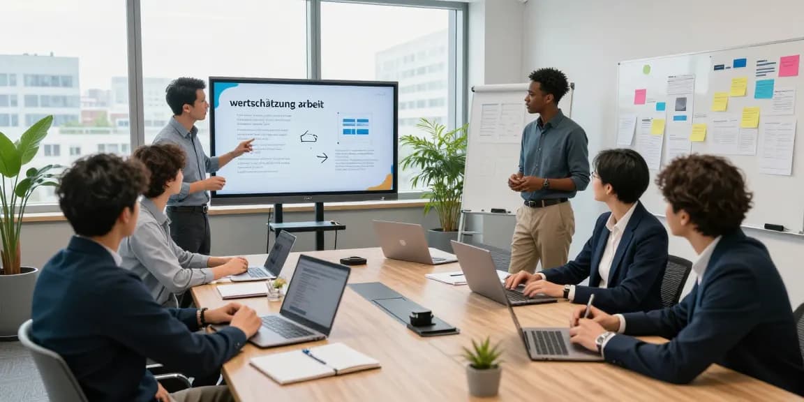 Wertschätzung am Arbeitsplatz: Team diskutiert Feedbackprozesse in modernem Büro.