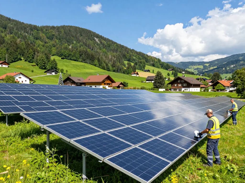 Photovoltaik Bayern: Techniker installieren Solarpanels in einer malerischen bayerischen Landschaft, die erneuerbare Energie zeigt.