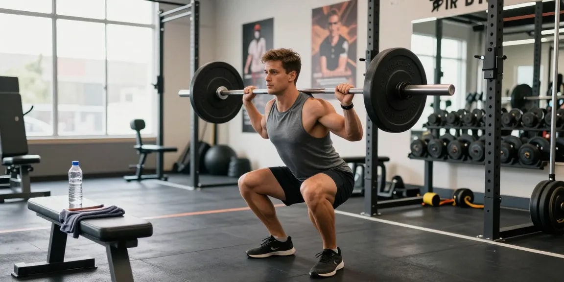 Anabolika Shop Deutschland: Bodybuilder zeigt konzentrierte Haltung beim Barbell Squat im modernen Fitnessstudio.
