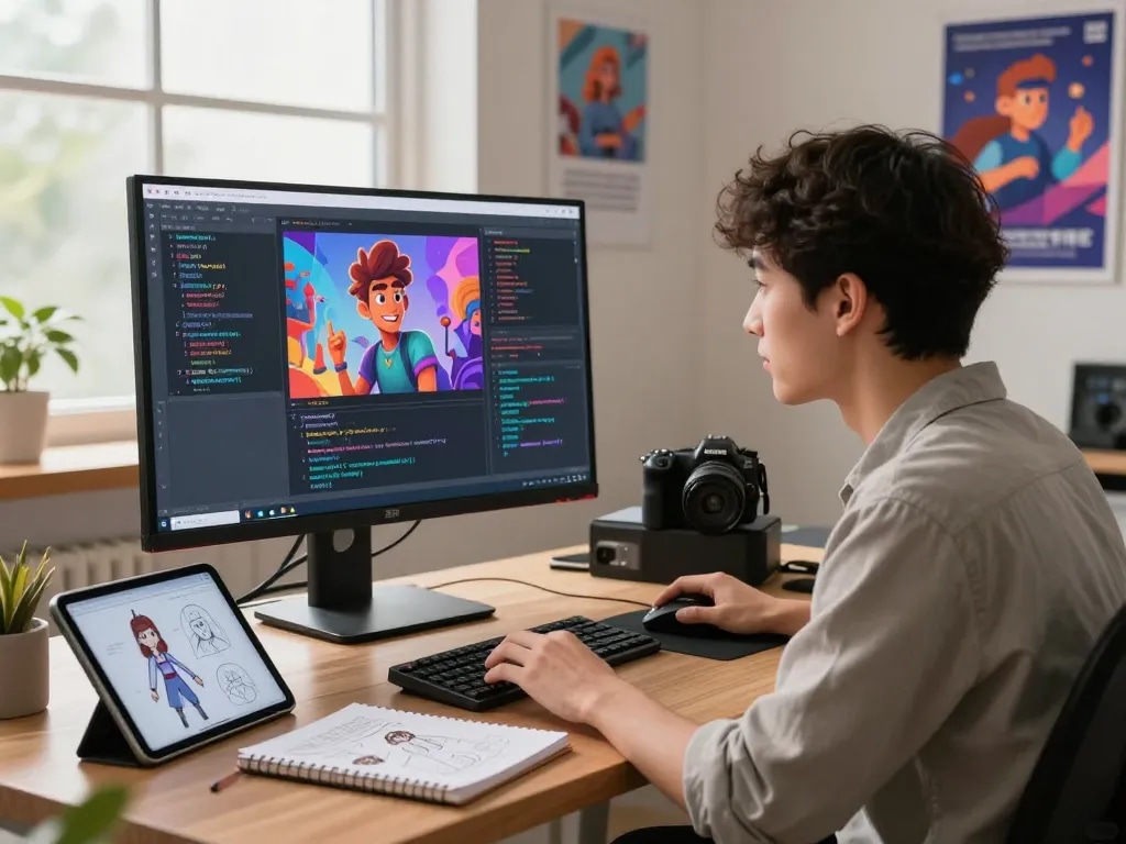 User customizing a character AI nsfw at a virtual workspace with coding, screens, and creative elements.