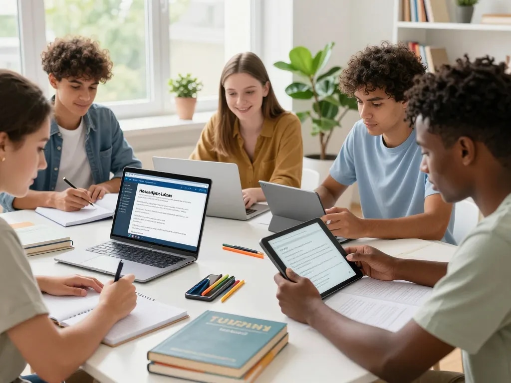 Schüler, die ein Hausaufgaben Löser-Tool in einem kollaborativen Lernraum verwenden und moderne Bildung präsentieren.