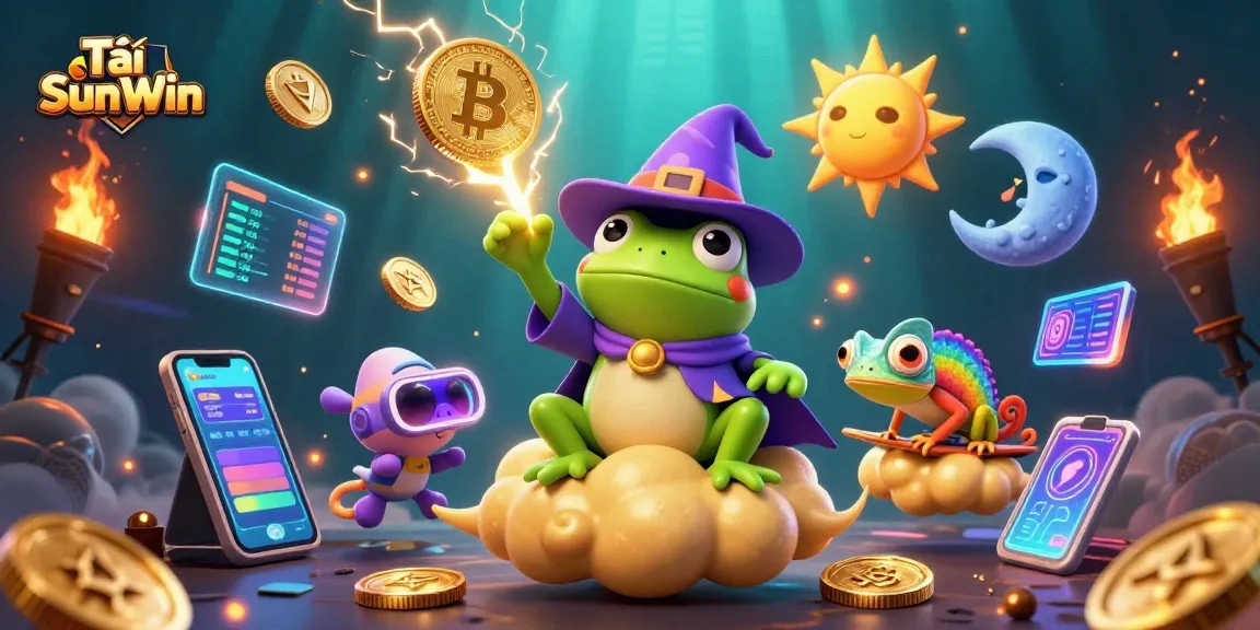 Tải SunWin presents a thrilling gaming scene with a weather wizard frog and chameleon amidst vibrant casinos.