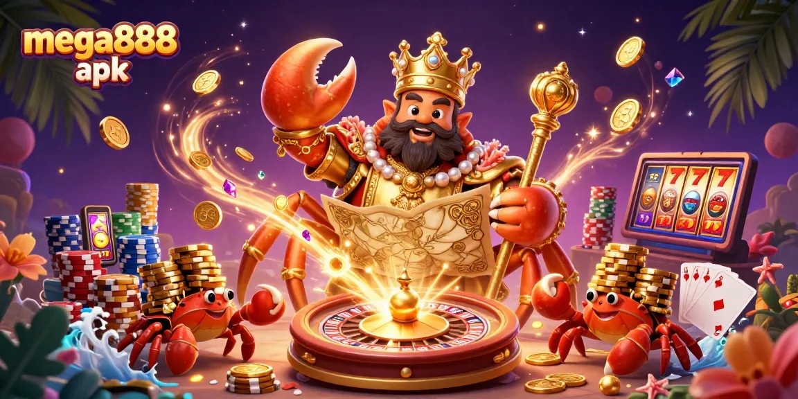 Spin the mega888 apk slot reels filled with treasures, as the golden crab emperor rules the casino.
