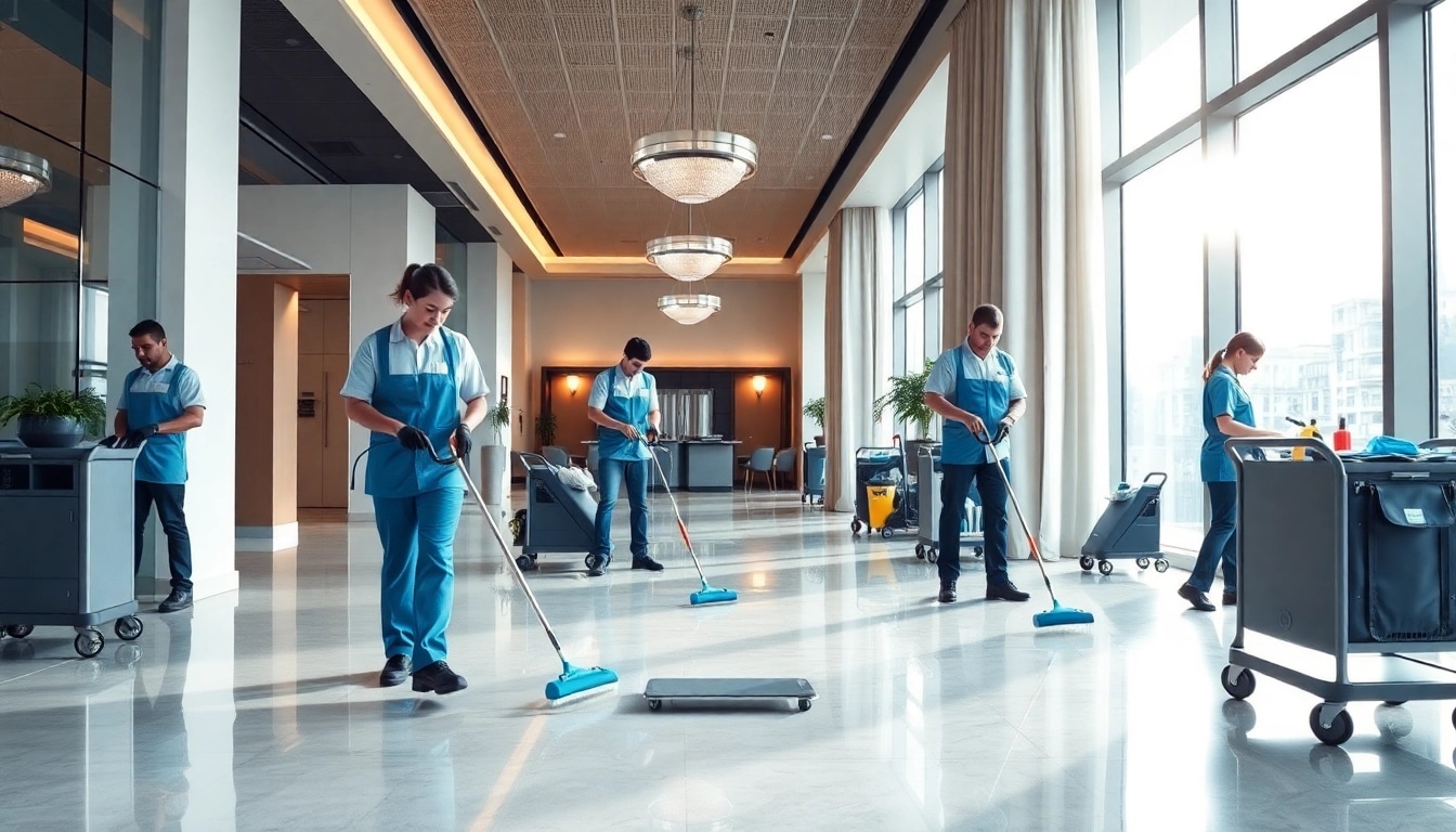 Effiziente hotelreinigung berlin durch professionelles Reinigungspersonal in einem modernen Hotel-Lobby.