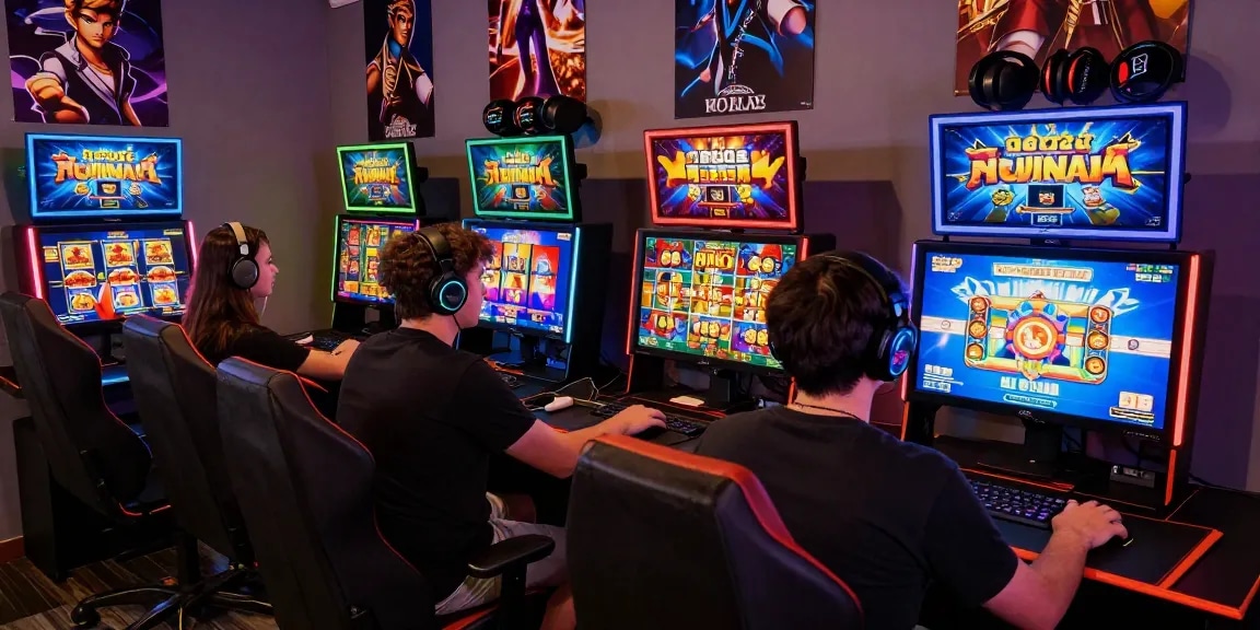 Excited players enjoying สล็อตเว็บตรง online slots in a lively gaming setup.