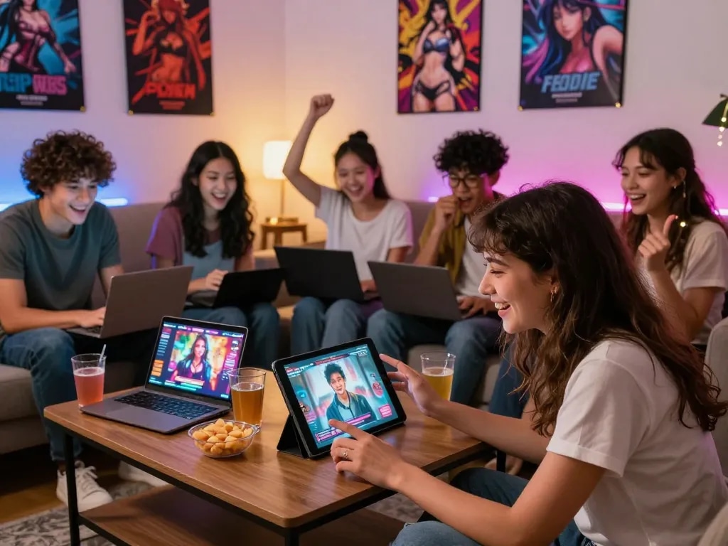 Group enjoying immersive sexgames in a cozy gaming environment