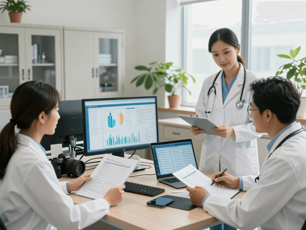 Healthcare team discussing data privacy and accessibility in Gesundheitswesen Arzt.