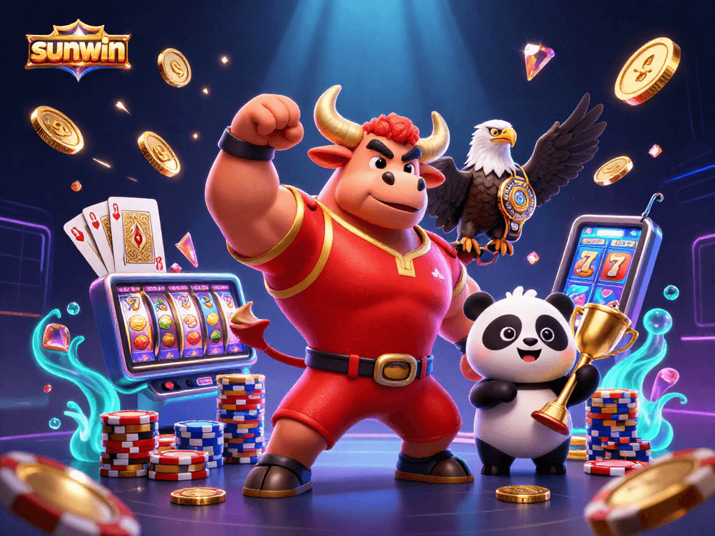 Experience thrilling gaming with sunwin's vibrant casino scene featuring a bull, eagle, and panda.