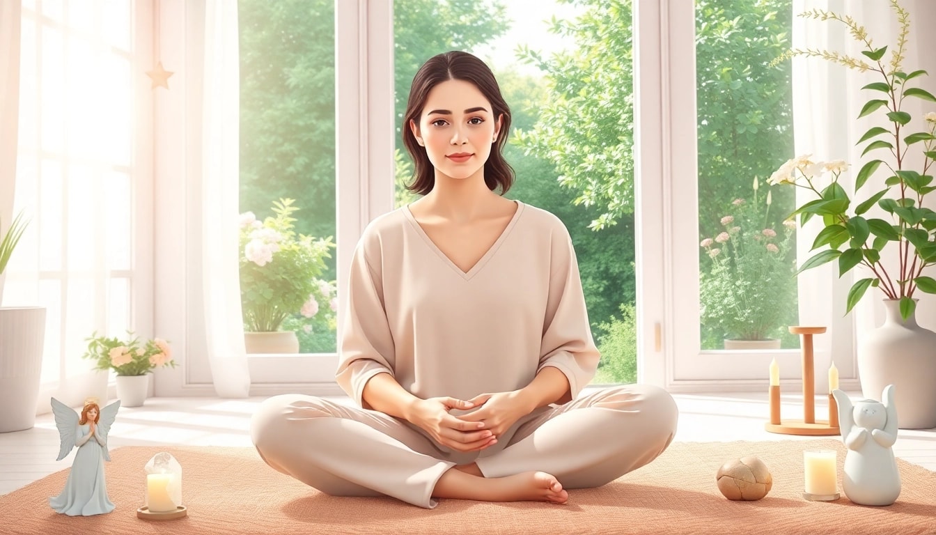 Engelarbeit lernen in einer ruhigen Umgebung mit einer Lernenden, die sich auf ihre spirituelle Praxis konzentriert.