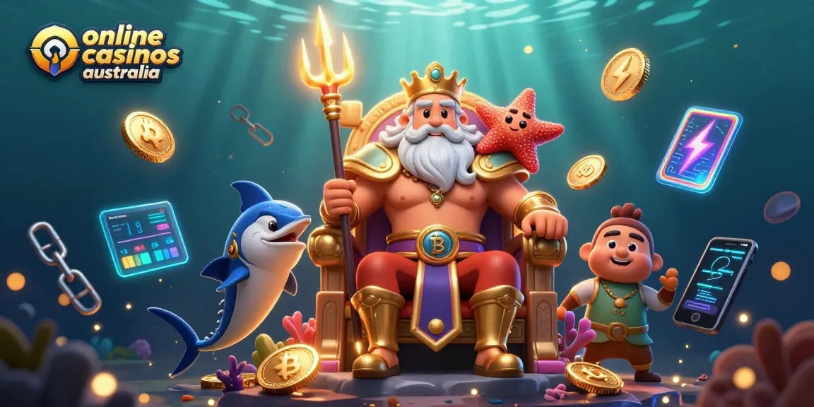 Engage with the best online casinos Australia through a vibrant 3D illustration of Neptune, crypto coins, and dynamic gaming elements.