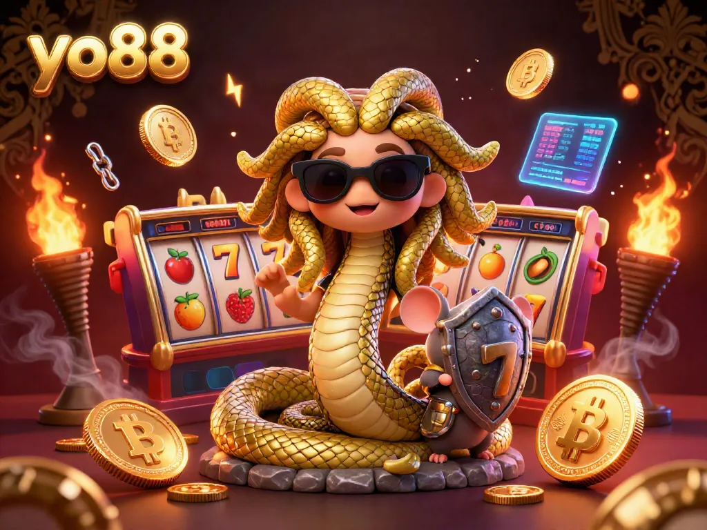 Engage in thrilling slot action at yo88 with an exciting 3D illustration featuring fun characters and vibrant casino elements.