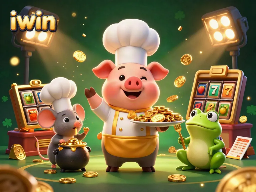 Win big with iwin at the slots! A dynamic 3D illustration showcasing vibrant casino elements.