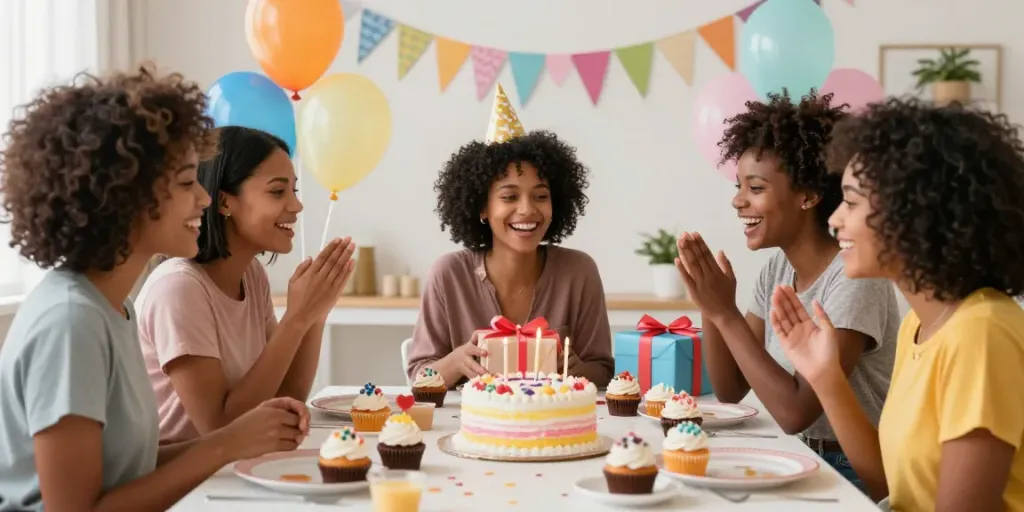 Persoonlijke verjaardagswensen met hartelijke woorden in een feestelijke sfeer met vrouwen die samen een verjaardag vieren.