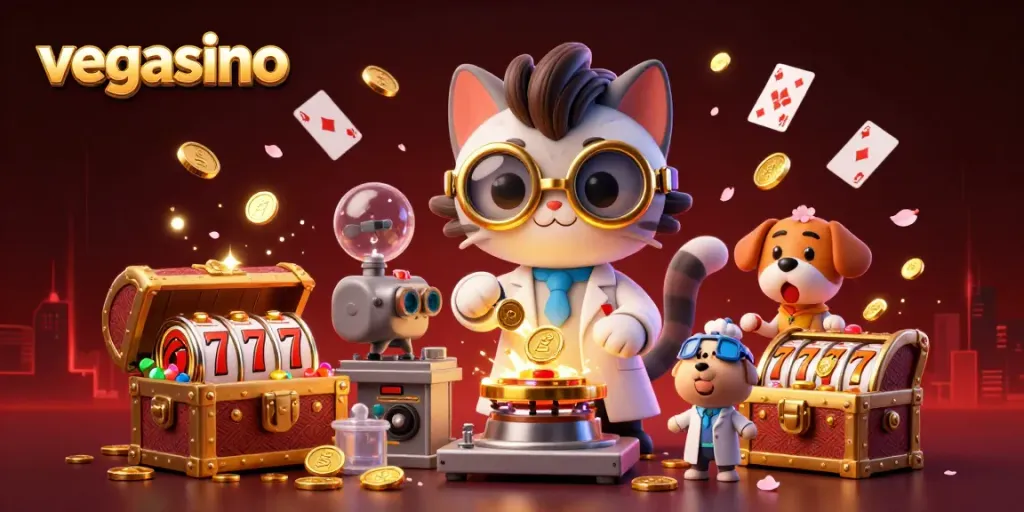 Experience the excitement of vegasino with this vibrant 3D casino scene filled with gold coins and game elements.