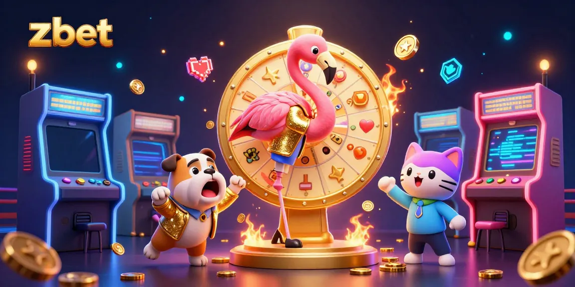 Join the excitement at ZBET with a thrilling casino game show featuring a flamingo host, bulldog contestant, and scoreboard cat.