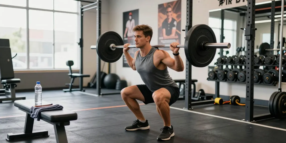Anabolika Shop Deutschland: Bodybuilder zeigt konzentrierte Haltung beim Barbell Squat im modernen Fitnessstudio.