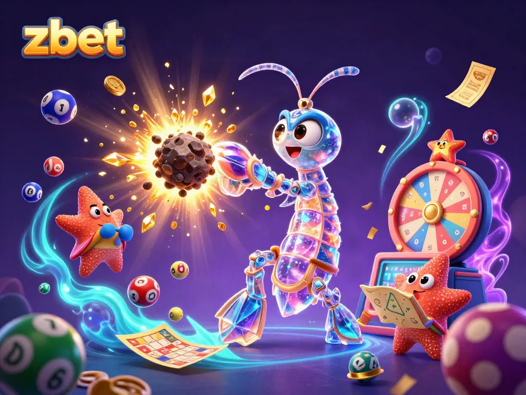 Engage in thrilling zbet gaming, showing dynamic 3D characters and colorful lottery elements in a vibrant casino atmosphere.