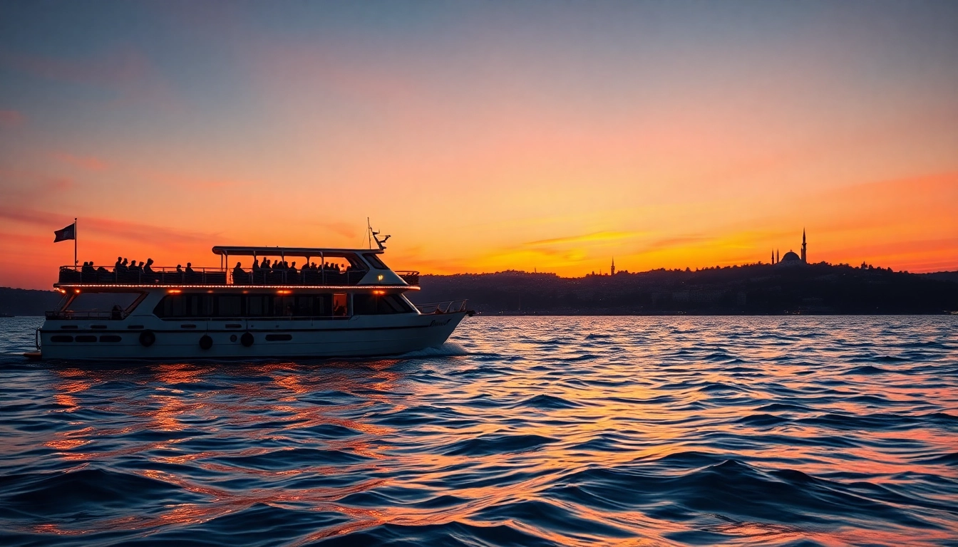 Bosphorus sunset cruise on serene waters with stunning skyline silhouettes.