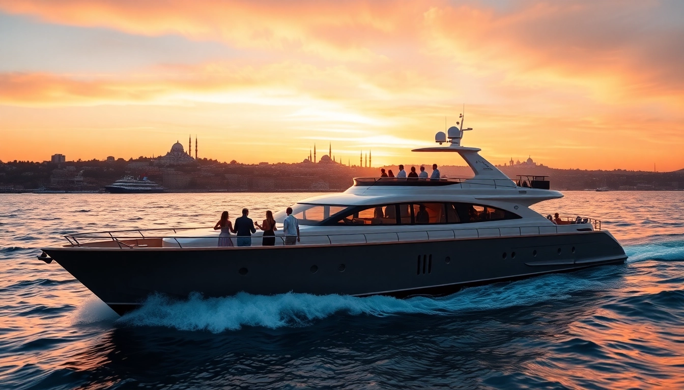 Bosphorus sunset cruise with luxury yacht against Istanbul's skyline at sunset.