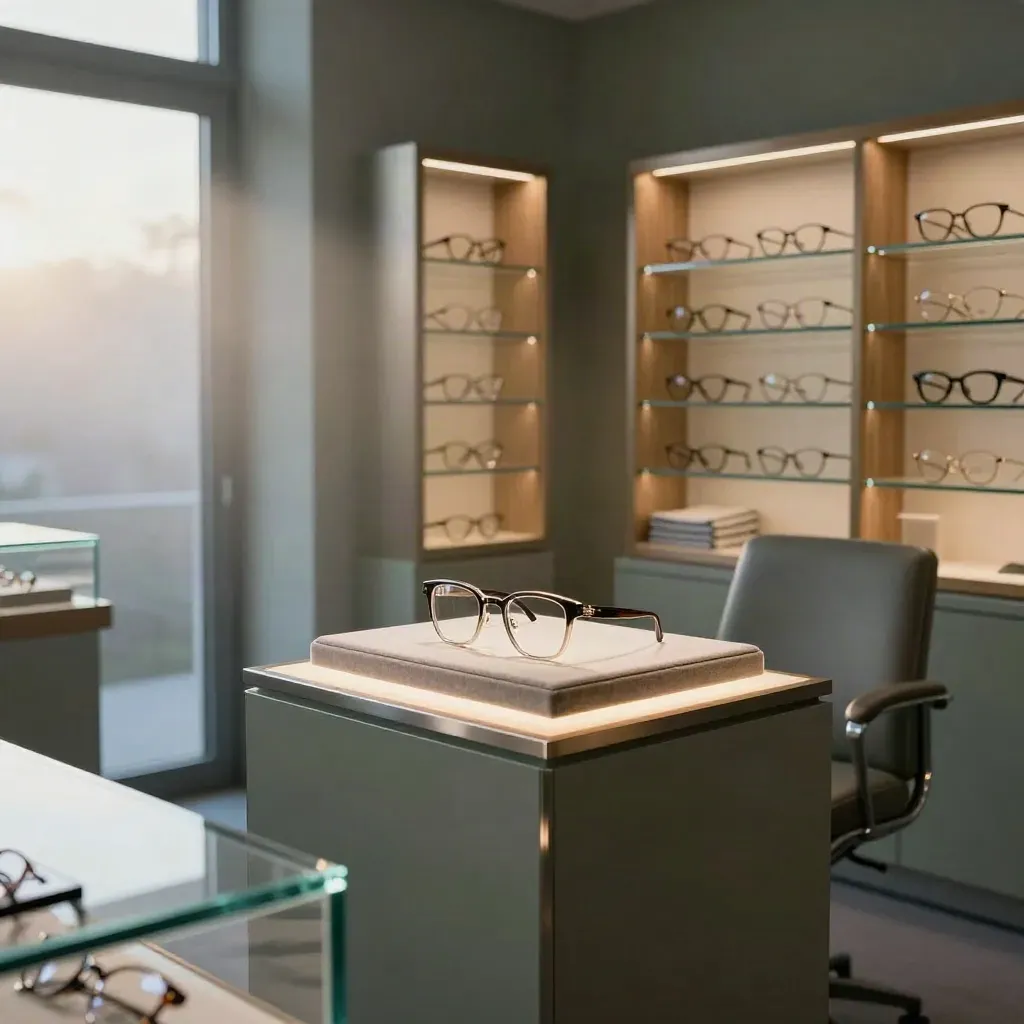 Optik-Showroom mit Brillenwand, Untersuchungsstuhl und leuchtendem Präsentationssockel im Morgenlicht