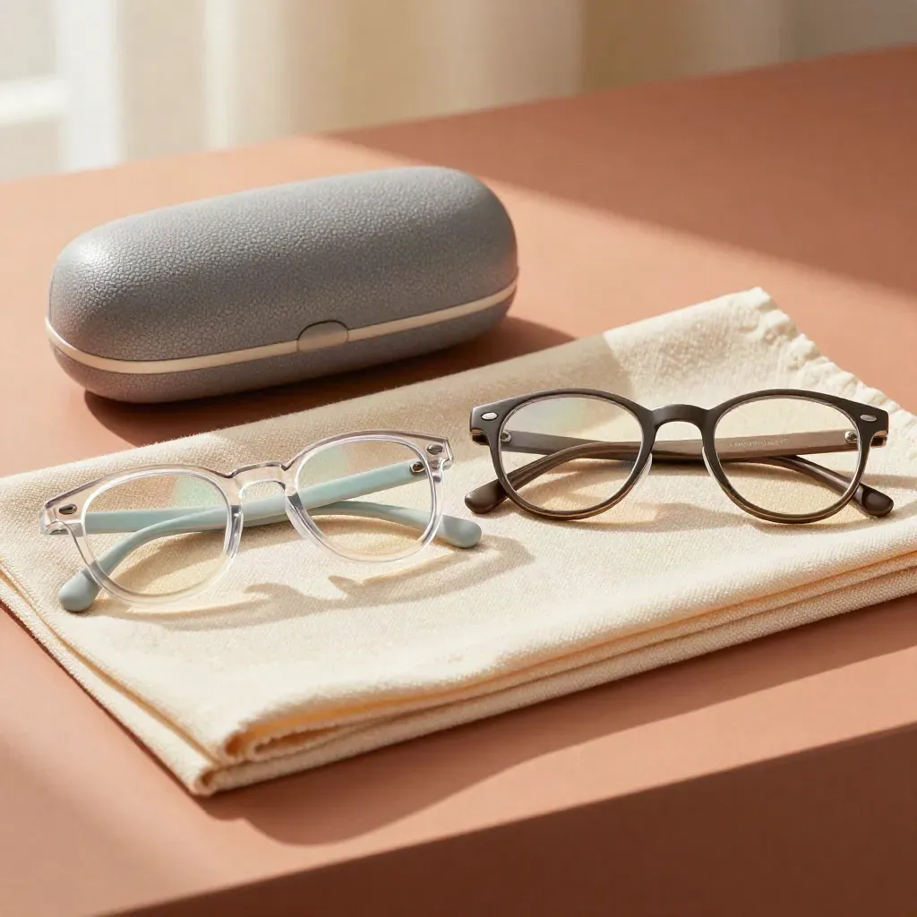 Kinderbrille, Mini-Etui und zwei Demo-Rahmen auf einer ruhigen Optik-Theke.