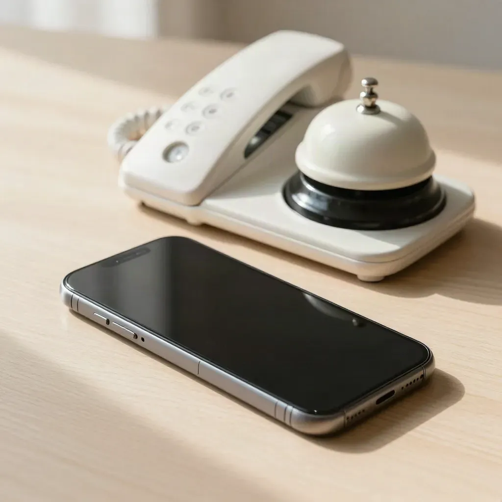 Smartphone, Tischtelefon-Basis und kleiner Wecker auf hellem Holz für Terminbuchung.