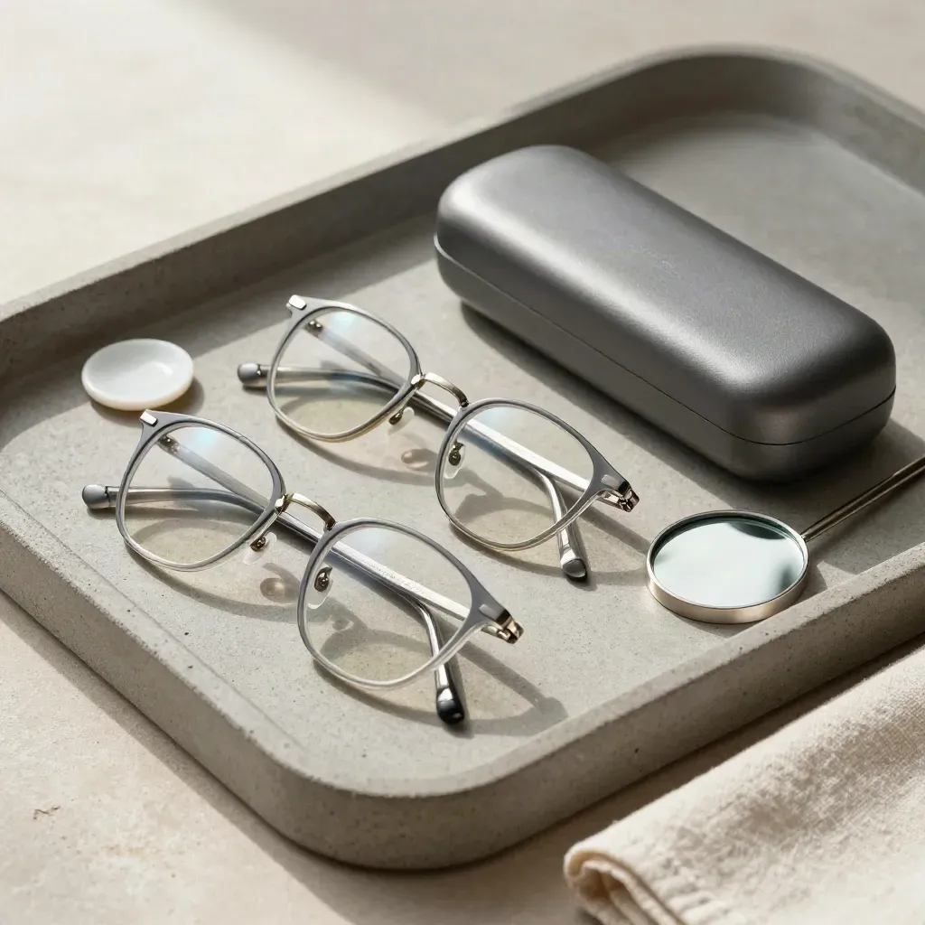 Brillen, Ersatzpads und Etui auf Steintray mit kleinem Kontrollspiegel