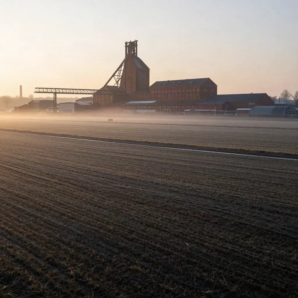 Weite Felder, Backsteinbauten und Industrie am Rhein-Erft-Kreis im sanften Morgennebel.