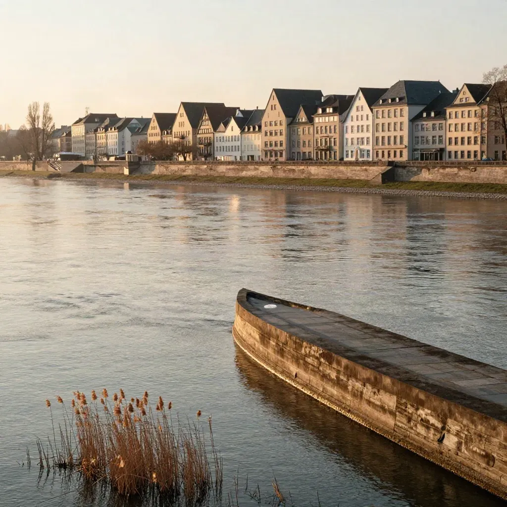 Bonner Rheinufer im Abendlicht mit Dachkante, Flussbogen und ruhigem Wasser.