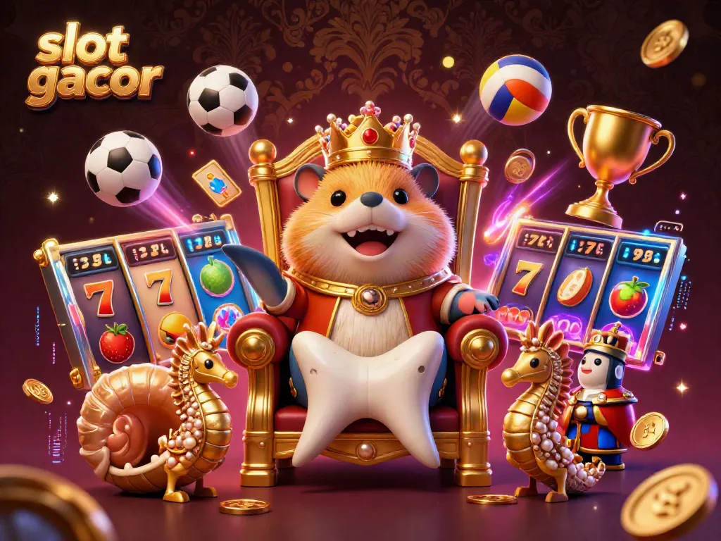 Experience the excitement of 'slot gacor' in this vibrant 3D scene featuring a golden hamster king, surrounded by game elements.