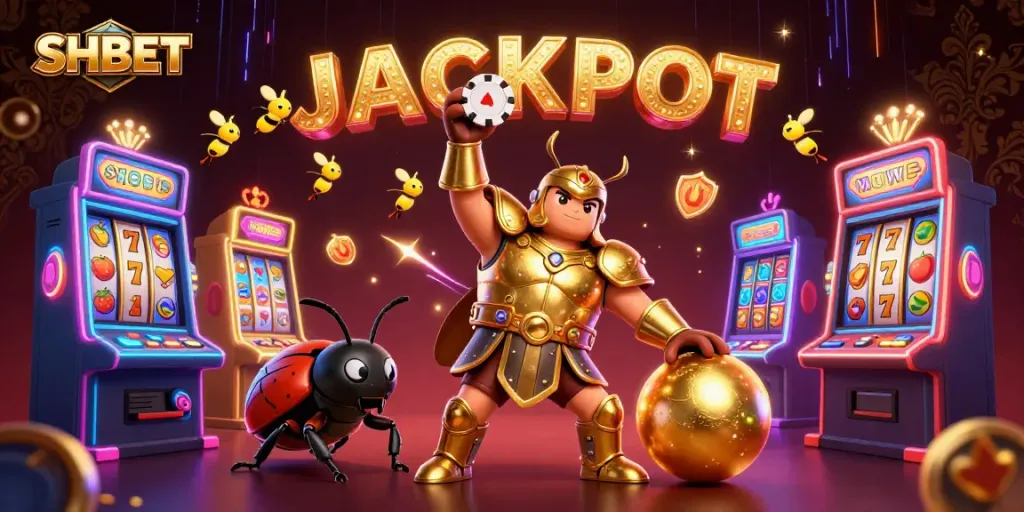 Experience the thrill of SHBET with a winning scene featuring heroic beetles, jackpot signs, and vibrant slot machines.