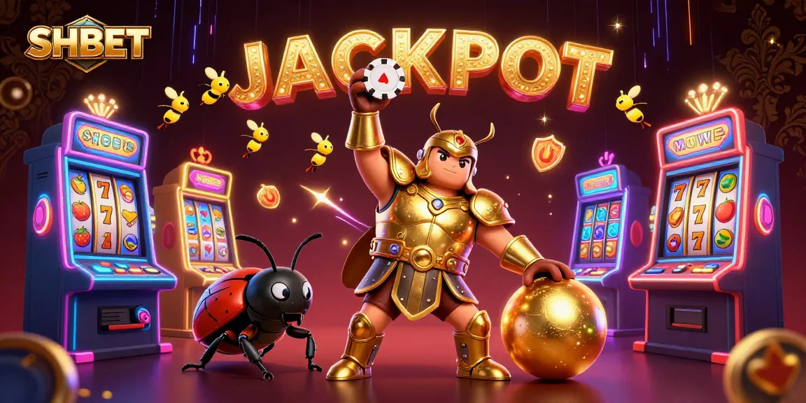 Experience the thrill of SHBET with a winning scene featuring heroic beetles, jackpot signs, and vibrant slot machines.