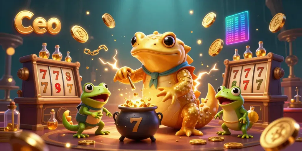 Engage with Ceo's casino strategy in a vibrant alchemist's laboratory, surrounded by gold and digital currency elements.