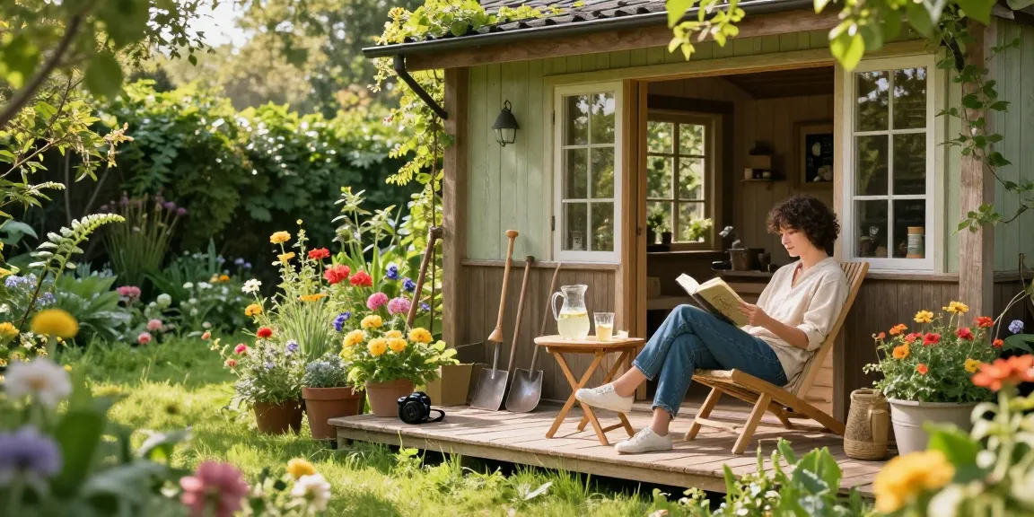 Garten Haus umgeben von Blumen und einem Lesesessel im Garten