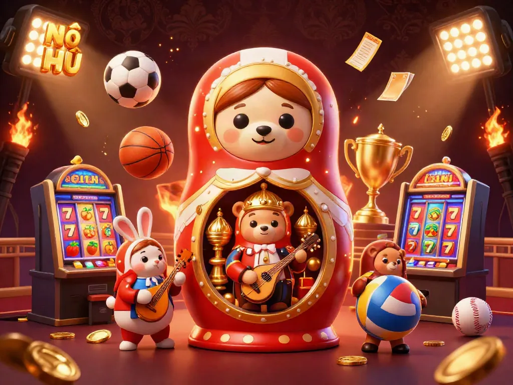Engage in Nổ Hũ action with dynamic casino theme featuring bears, slot machines, and gold coins.