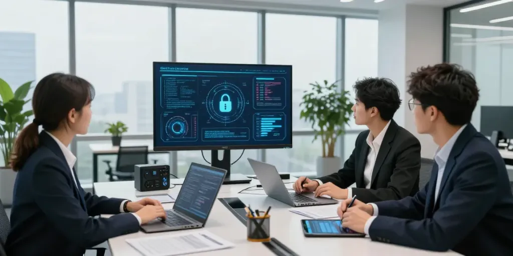 IT-Service Frankfurt: IT-Sicherheitsspezialisten arbeiten zusammen an einem Tisch mit Laptops und strategischen Dokumenten.