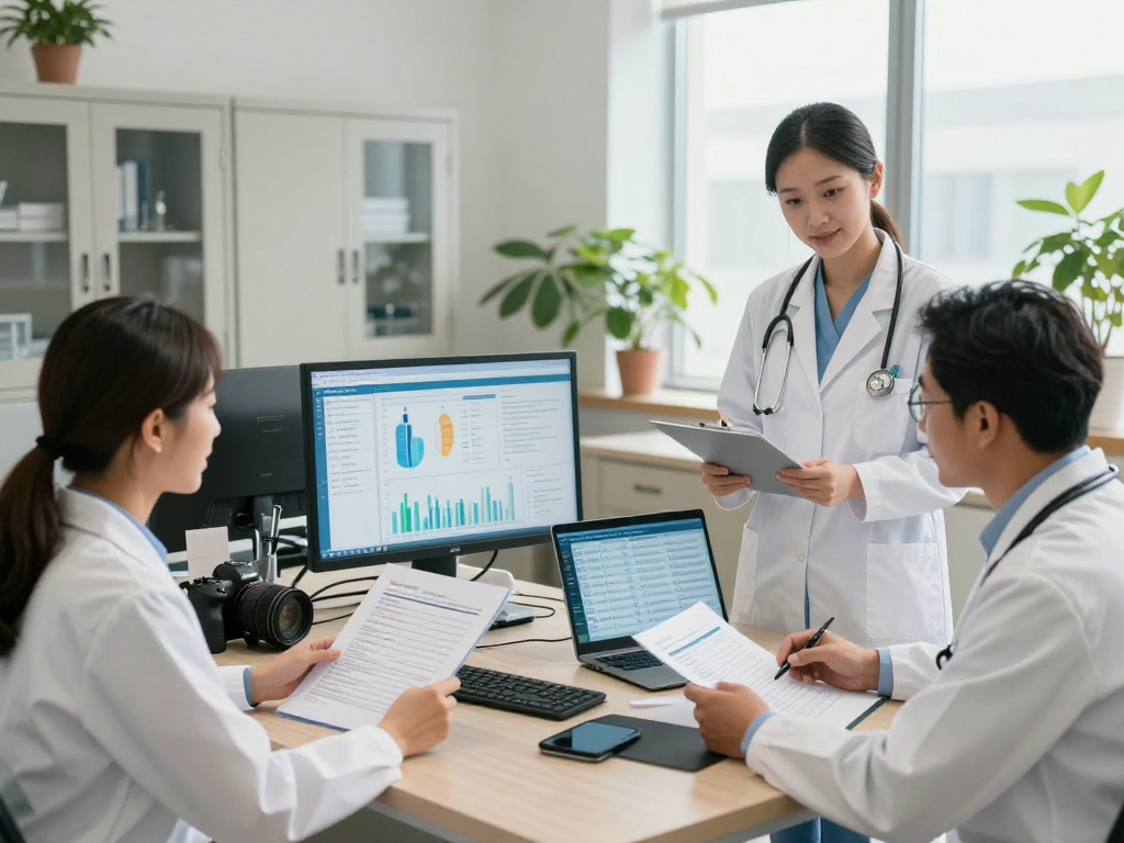 Healthcare team discussing data privacy and accessibility in Gesundheitswesen Arzt.