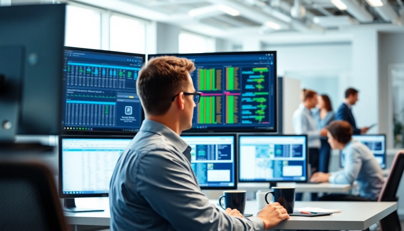 Server 2025 Standard günstig erwerben mit einem Techniker in modernem Büro, der Netzwerkdaten überwacht.