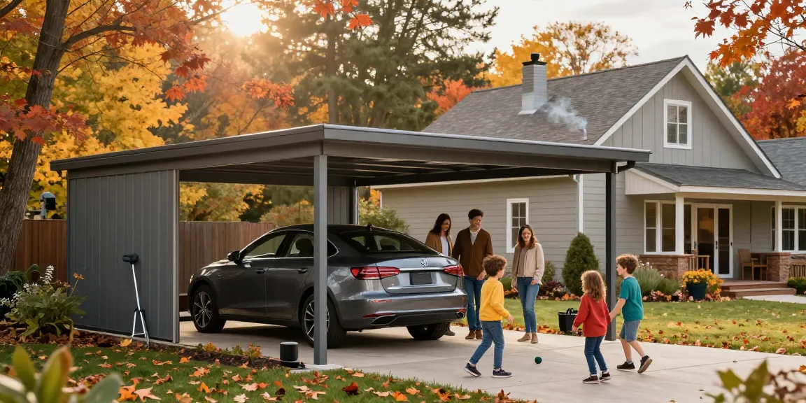 Moderne Carport-Installation, Familie parkt Auto, herbstliche Atmosphäre.