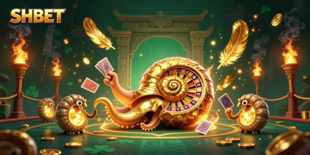 Experience thrilling games at SHBET with vibrant 3D nautilus and casino elements, engaging action.