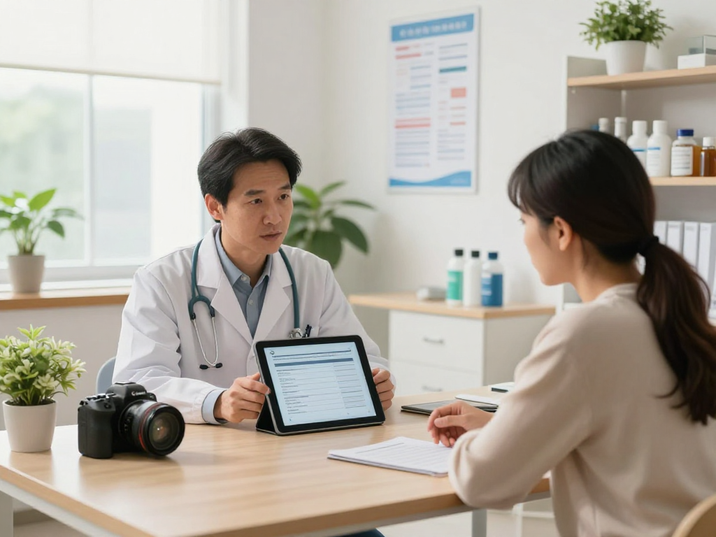 Gesundheitswesen Arzt in einer Arztpraxis mit Patientengespräch und digitalem Tablet, freundliche Atmosphäre.